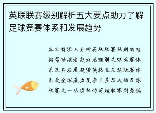 英联联赛级别解析五大要点助力了解足球竞赛体系和发展趋势