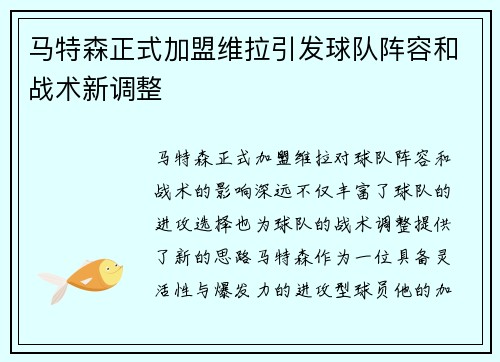 马特森正式加盟维拉引发球队阵容和战术新调整 马特森正式加盟维拉引发球队阵容和战术新调整