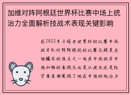加维对阵阿根廷世界杯比赛中场上统治力全面解析技战术表现关键影响